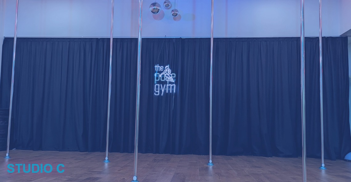 7 Poles that are static and spin in Studio C. The Pole Gym Brisbane City's Aerial Studio with Lyra, Tissu and Rope. Also used as a Performance space for Student Performance Nights.