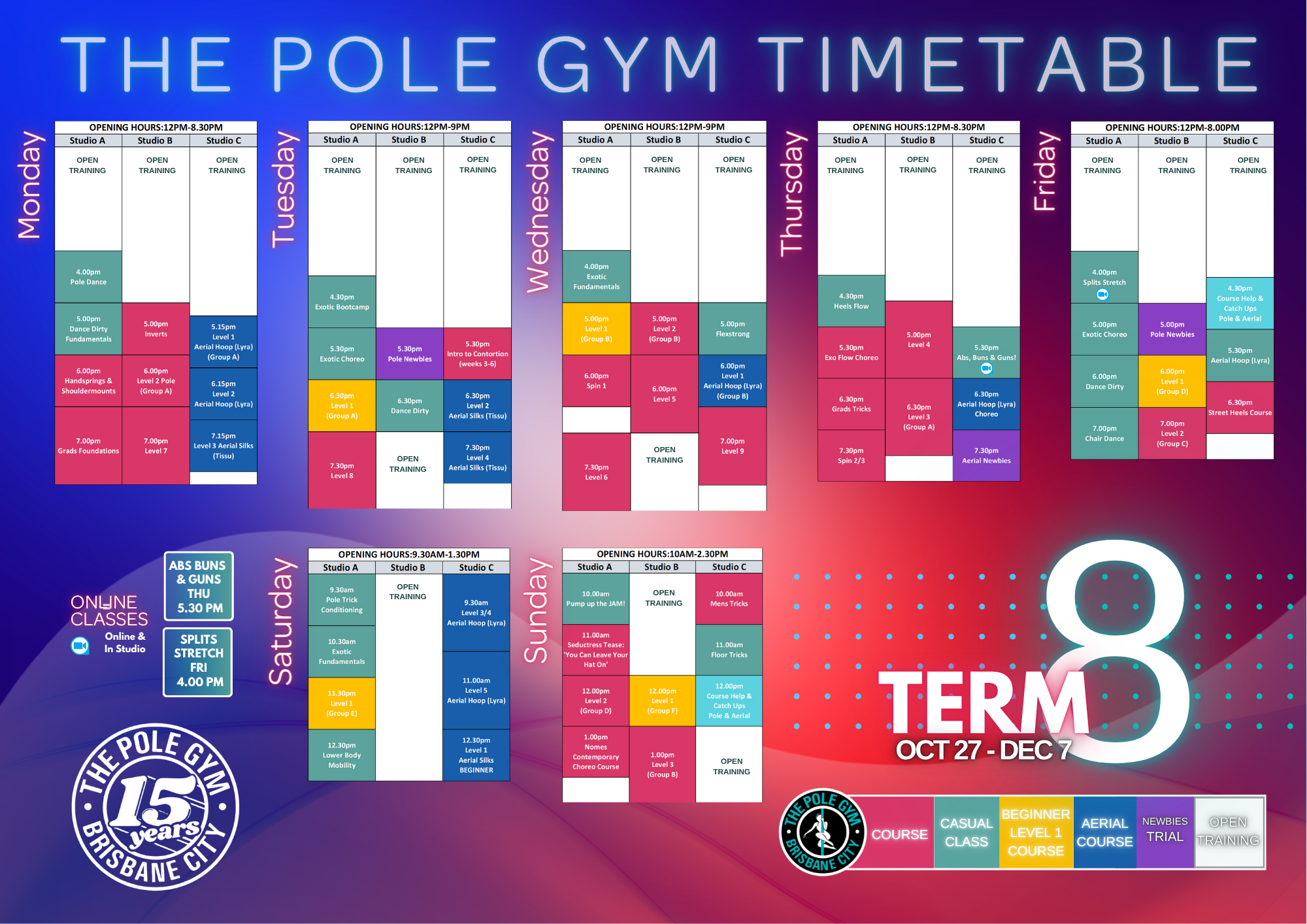 timetable schedule pole and aerial fitness brisbane city classes courses the Pole Gym Term 8