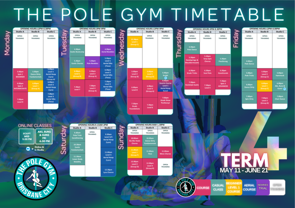 The Pole Gym Timetable Term 4 Beginner Aerial Silks Lyra Hoop and Pole Dance Fitness Group Courses